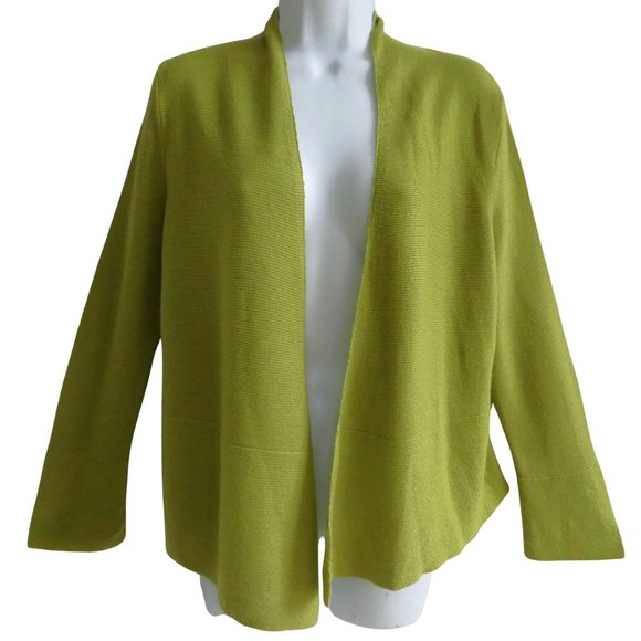 MeRiNo Eileen Fisher Petite Chartreuse Green Wool Cardigan Open Front Knit MP - Picture 3 of 5
